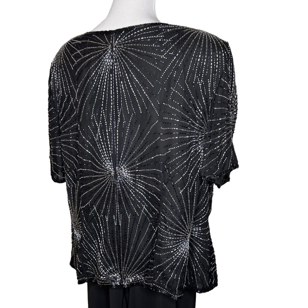 Vintage 80βs Papell Black Silk Beaded Scoop Neck Short Sleeve Cocktail Blouse 3X - Picture 5 of 15